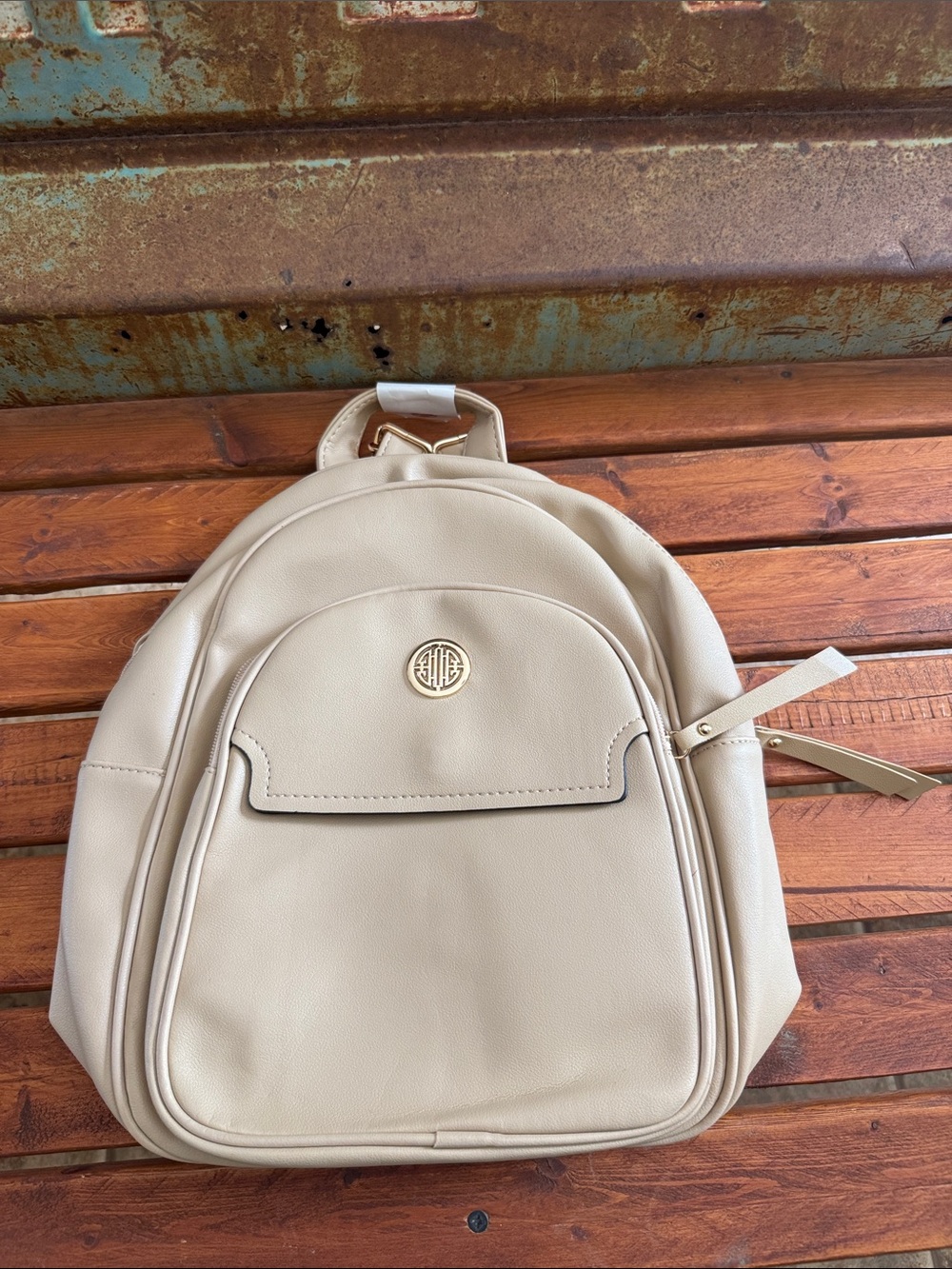 Beige Women's Leatherette Backpack with Gold Emblem